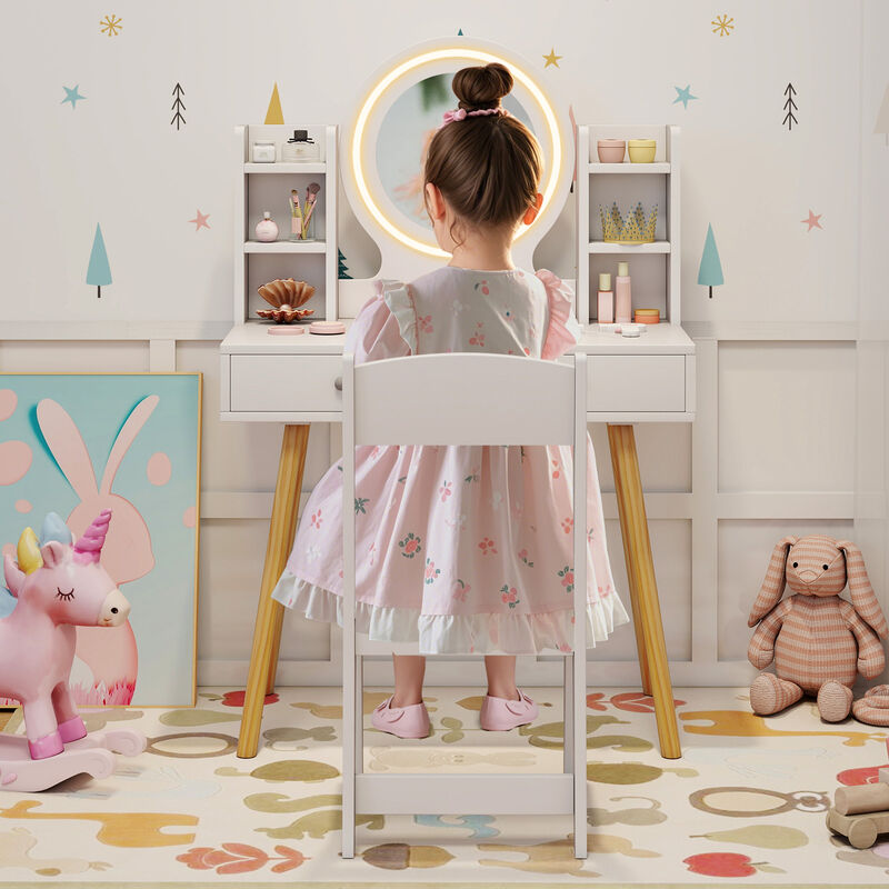 Kids Vanity Set with Lighted Mirror and Storage Drawers