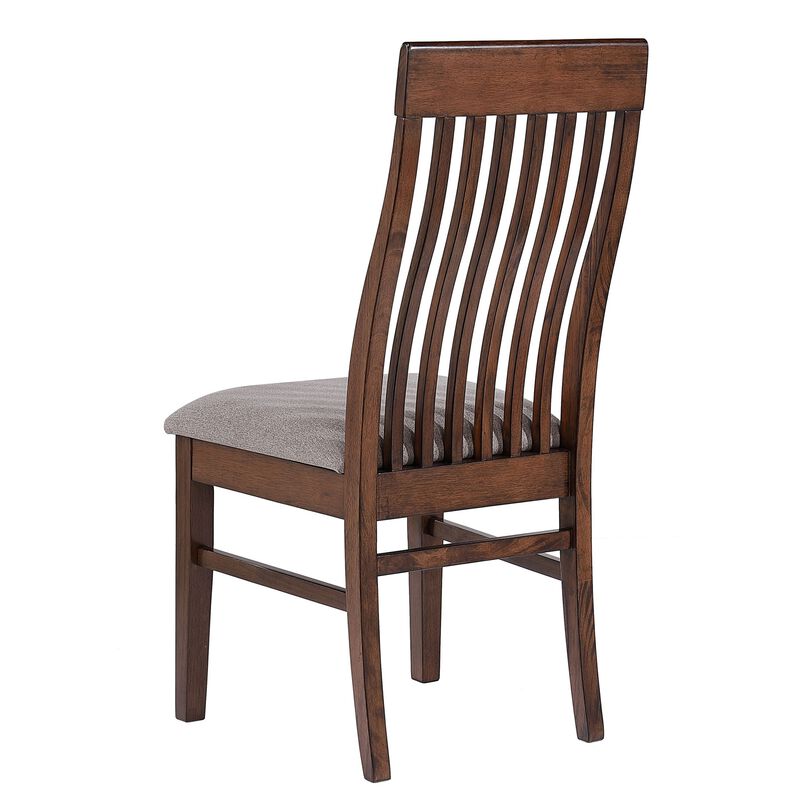 Brar Dining Chair Set of 2, Light Brown Fabric, Slat Back, Brown Hardwood - Benzara