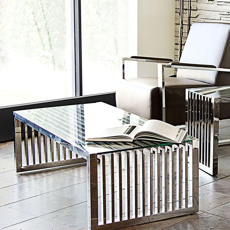 Diamond SofaDiamond Sofa Soho Rectangular Stainless Steel Cocktail Table with Clear Tempered Glass Top