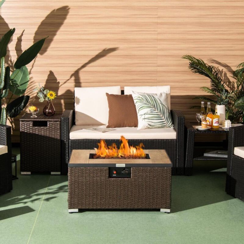 Hivvago 32 x 20 Inch Propane Rattan Fire Pit Table Set with Side Table Tank and Cover-Brown