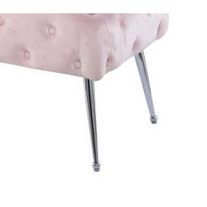 Rey 48 Inch Accent Bench, Tufted Pink Velvet Upholstery Padded Seat, Chrome - Benzara