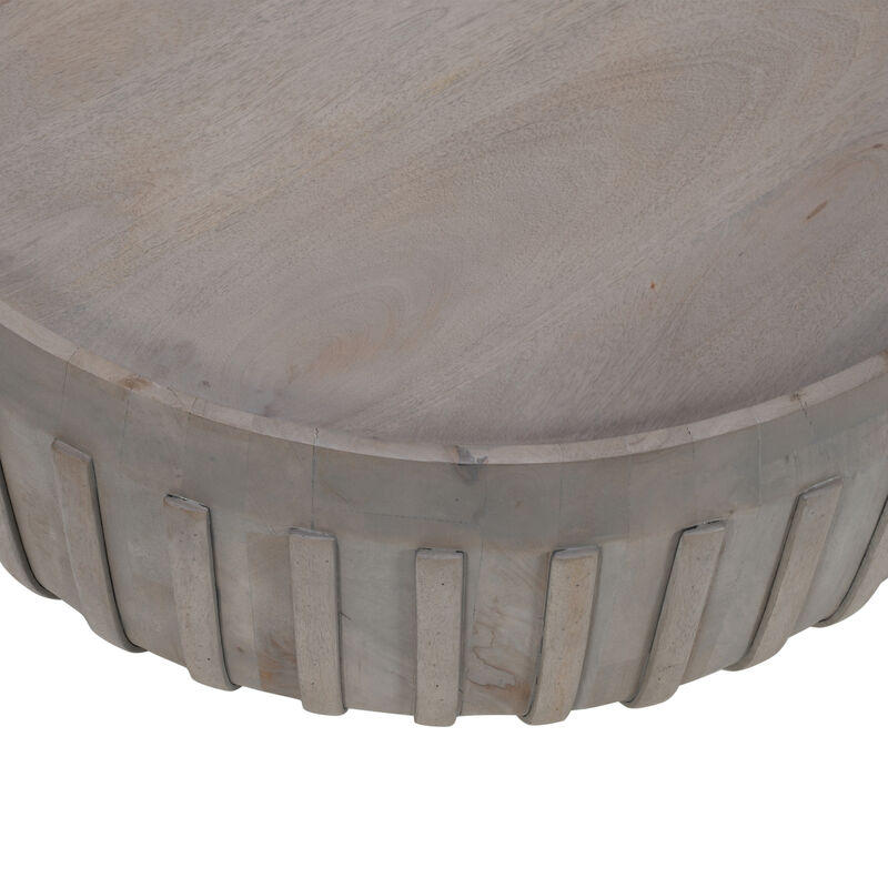 Alisha 36 Inch Coffee Table, Handcrafted Drum Shape with Ribbed Edges, Gray Mango Wood