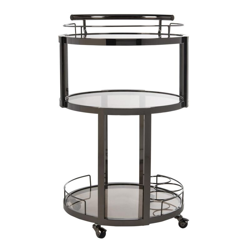 Safavieh Rio 3 Tier Round Bar Cart And Wine Rack, Gun Metal/Tinted Glass