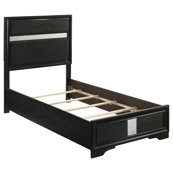 Vino Twin Size Bed, Panel Headboard, Black Upholstery, Glitter Stripes - Benzara