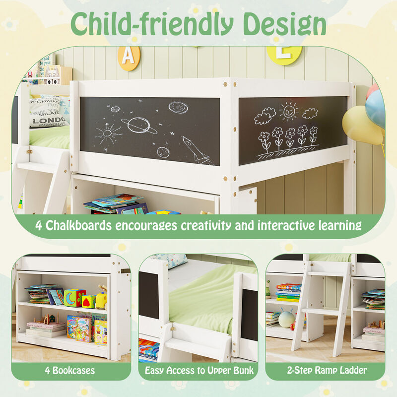 Kid Low Loft Bed with Chalkboard Ramp Ladder and Bookcases