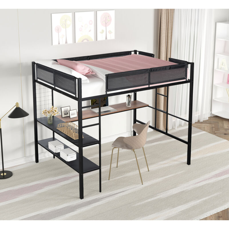 Sturdy Metal Loft Bed with Desk & Shelves