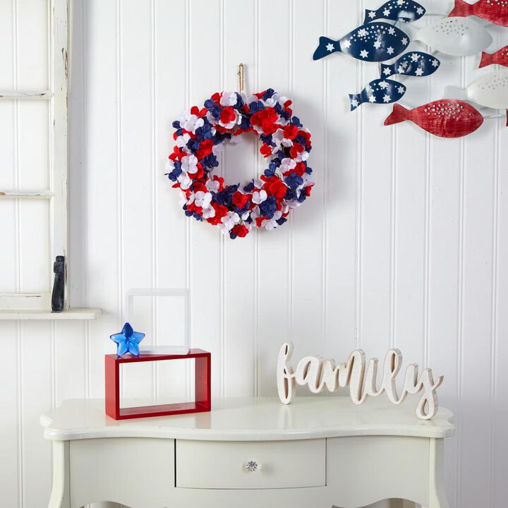 Hivvago 18" Americana Patriotic Hydrangea Artificial Wreath Red White and Blue
