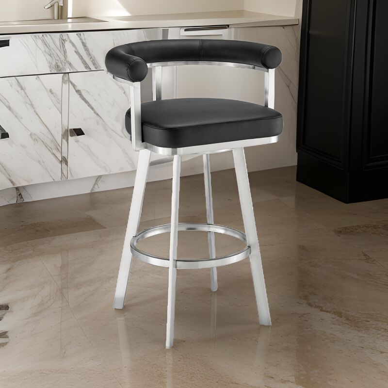 Weni 26 Inch Swivel Counter Stool Chair, Barrel Open Back, Chrome, Black - Benzara