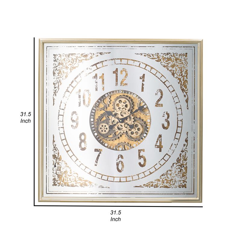 32 Inch Wall Clock, Decorative Gear Design, Square, Iron, White and Brown - Benzara