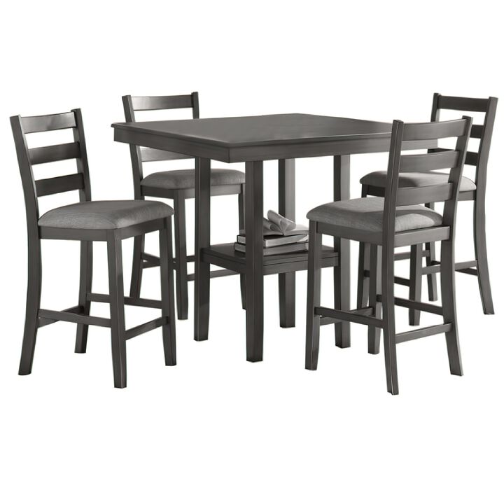 5 Piece Counter Height Dining Set, Table and 4 Chairs, Padded Seats, Gray - Benzara