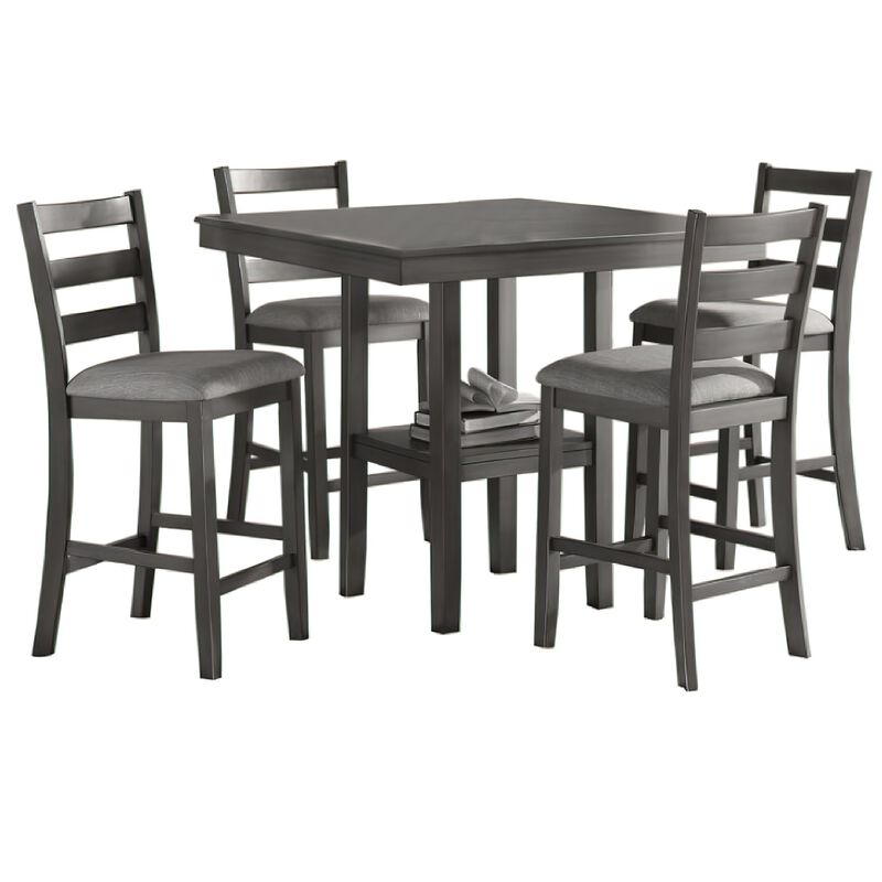 5 Piece Counter Height Dining Set, Table and 4 Chairs, Padded Seats, Gray - Benzara