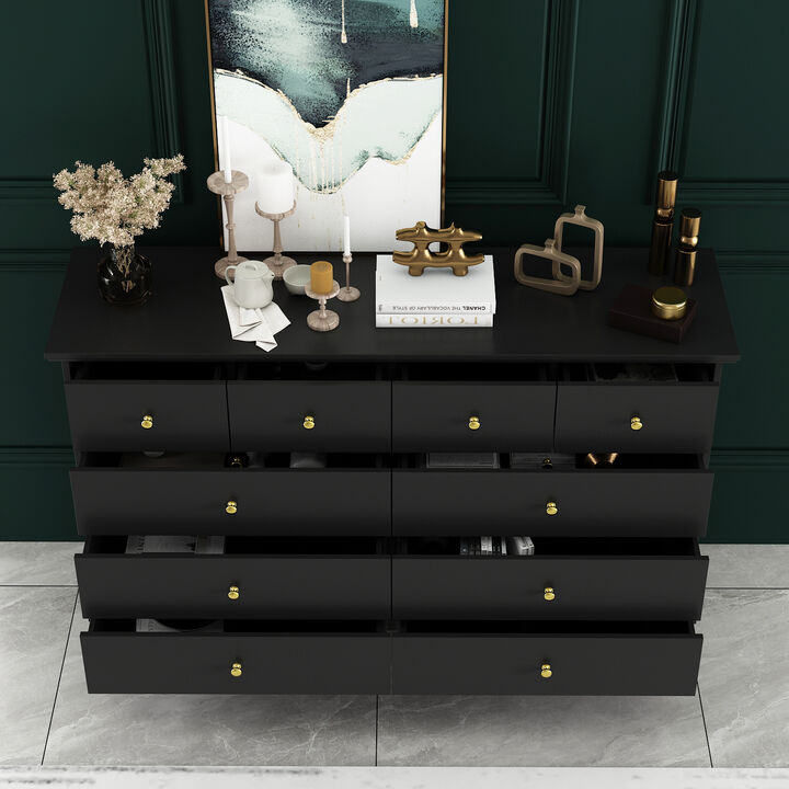 Black 10-Drawers Wood Double Chest of Drawer 55.1 in. W x 15.7 in. D x 35.4 in. H Dresser Organizer