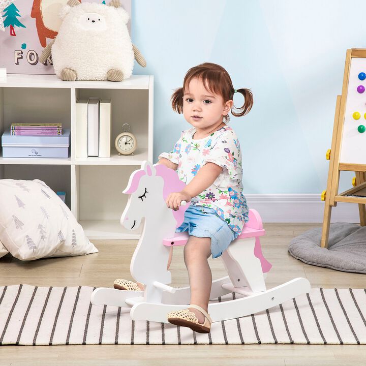 Pink/White Toddler Toy: Wooden Rocking Horse for 1-3 Years