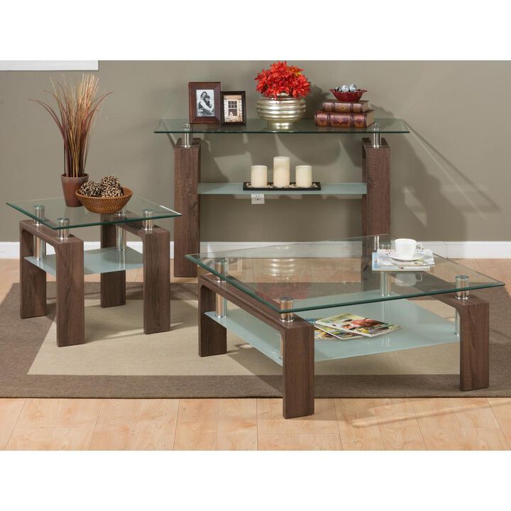 Jofran Compass Clear Modern Glass End Table, Brown Wood and Glass