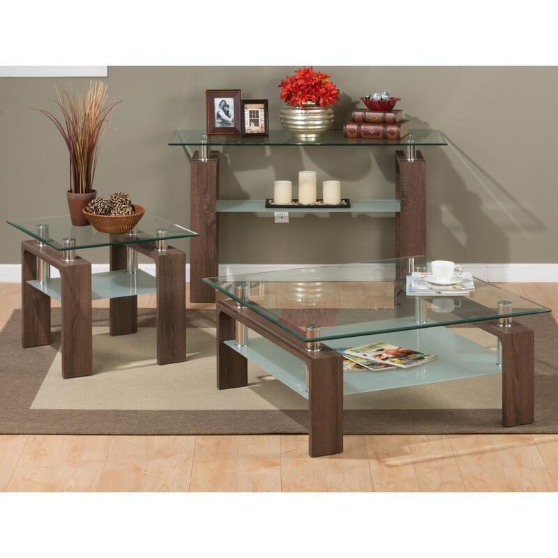 Jofran Compass Clear Modern Glass End Table, Brown Wood and Glass