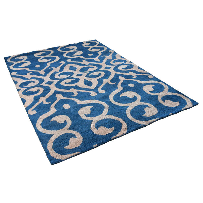 Rugsotic Carpets Hand Knotted Silk 6'x9' Area Rug Contemporary Blue Beige NS3307