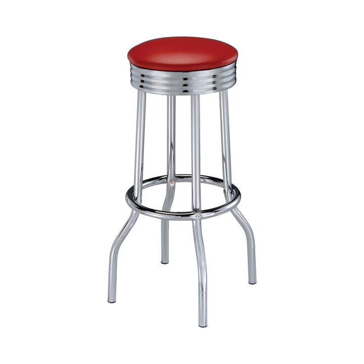 30 Inch Set of 2 Retro Barstools, Retro Red Faux Leather Seats, Chrome Legs-Benzara