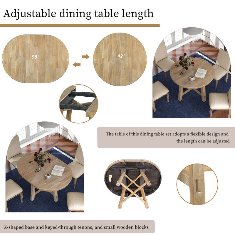 Merax 5-Piece Farmhouse Dining Table Set Wood Round Extendable Dining Table and 4 Upholstered Dining Chairs