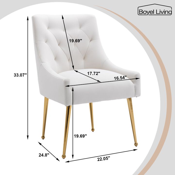 White Tufted Velvet Golden Legs Chair with Pullg Handle and Adjustable Foot Nails(Set of 2)