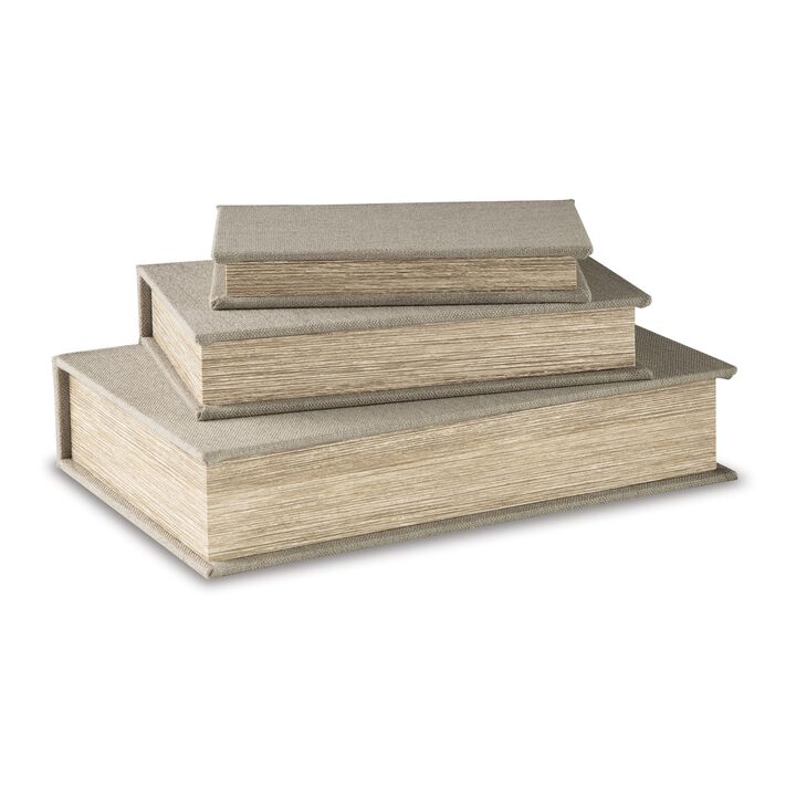 Jolly Decor Storage Book Box Set of 3, Beige Linen, Black Velvet Lining - Benzara