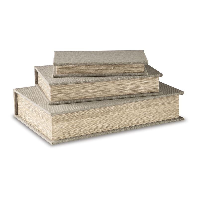 Jolly Decor Storage Book Box Set of 3, Beige Linen, Black Velvet Lining - Benzara