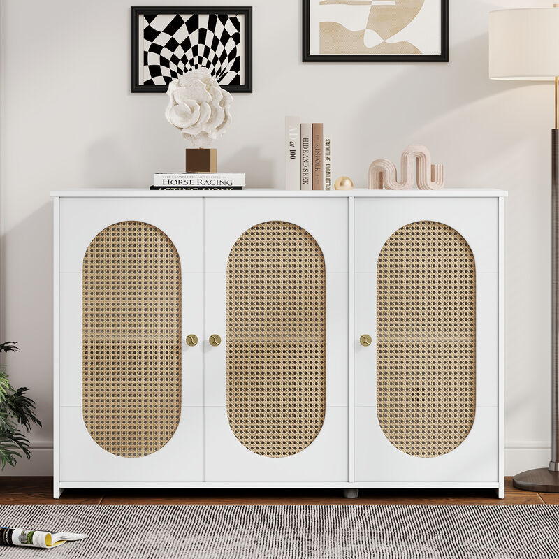 Clihome Retro 3-Door Sideboard with Large Storage Space Artificial Rattan Doors and Metal Handles, Accent Cabinet for Living Room and Hallway (White)