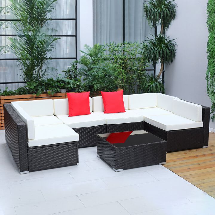 Complete Patio Ensemble: 7-Piece Rattan Sectional Set with White Cushions