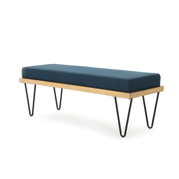 Sinu Accent Bench, Navy Blue, Brown Wood, Black Hairpin Legs, 47 Inch -Benzara