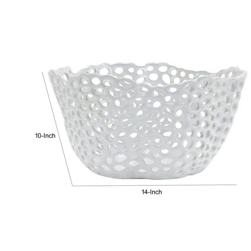 Hina 14 Inch Decorative Bowl, Mesh Design, Wavy Edges, Ceramic White Finish - Benzara