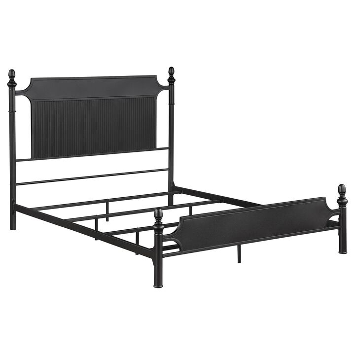 Dei Queen Size Bed, Classic Ribbed Panel Headboard, Black Metal Frame - Benzara