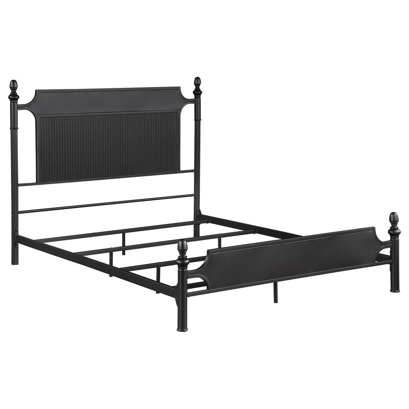 Dei Queen Size Bed, Classic Ribbed Panel Headboard, Black Metal Frame - Benzara