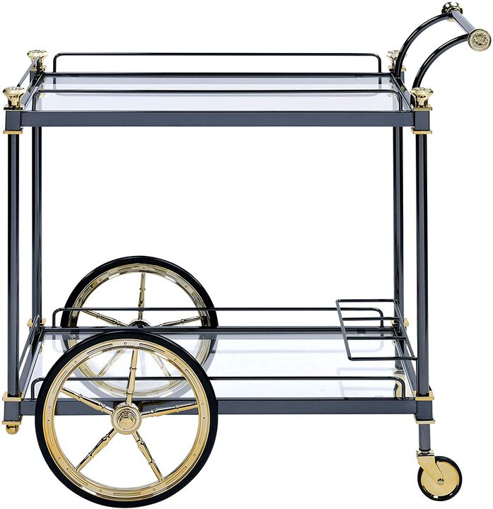 Metal Framed Serving Cart with Glass Shelves and Side Handle, Black and Gold - Benzara