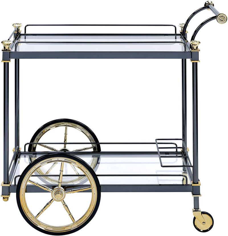 Metal Framed Serving Cart with Glass Shelves and Side Handle, Black and Gold - Benzara