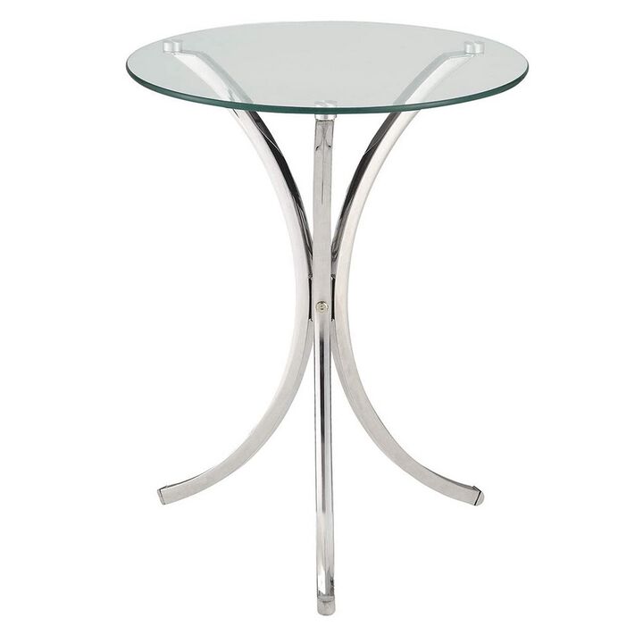 Modish Metal Accent Table With Glass Top,Silver And Clear-Benzara