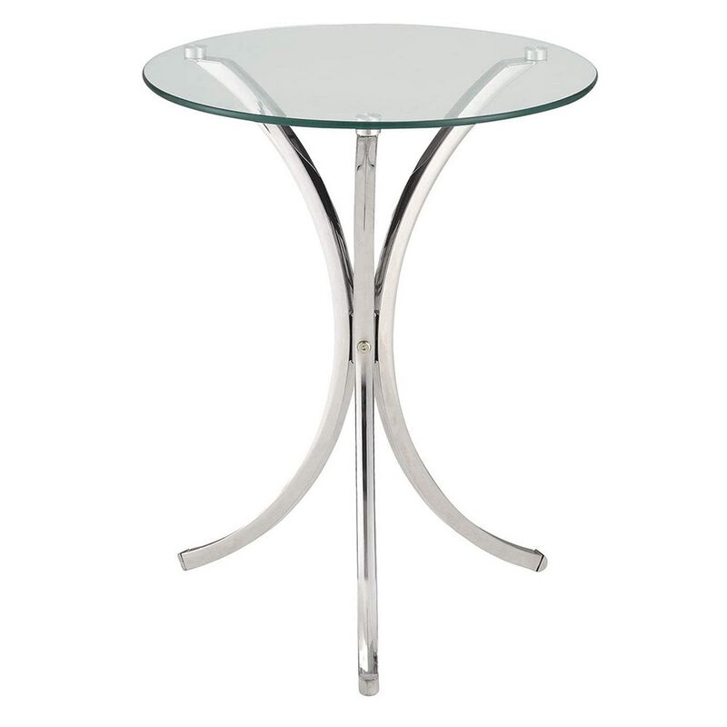 Modish Metal Accent Table With Glass Top,Silver And Clear-Benzara