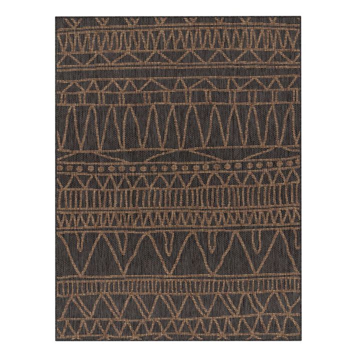Outdoor Rug in Black Brown with Modern Ethnic Pattern for Patio or Balcony