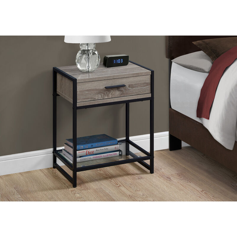 Monarch Specialties I 3501 Accent Table, Side, End, Nightstand, Lamp, Storage Drawer, Living Room, Bedroom, Metal, Laminate, Tempered Glass, Brown, Black, Contemporary, Modern
