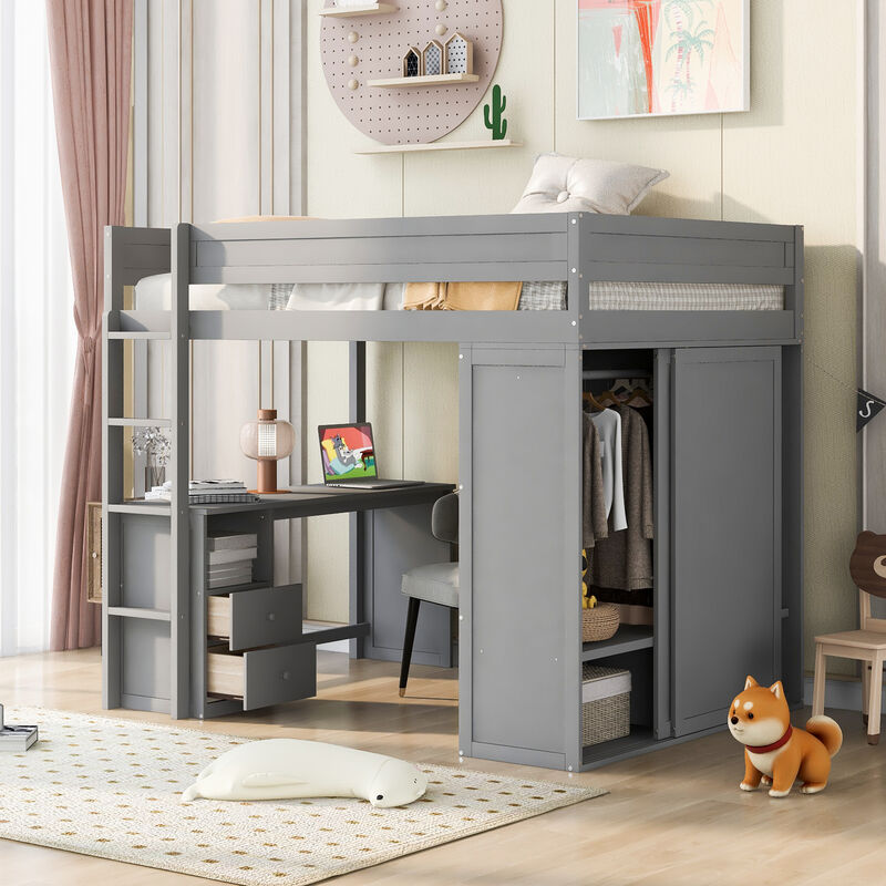Merax Wood  Loft Bed with Wardrobes and  Cabinet