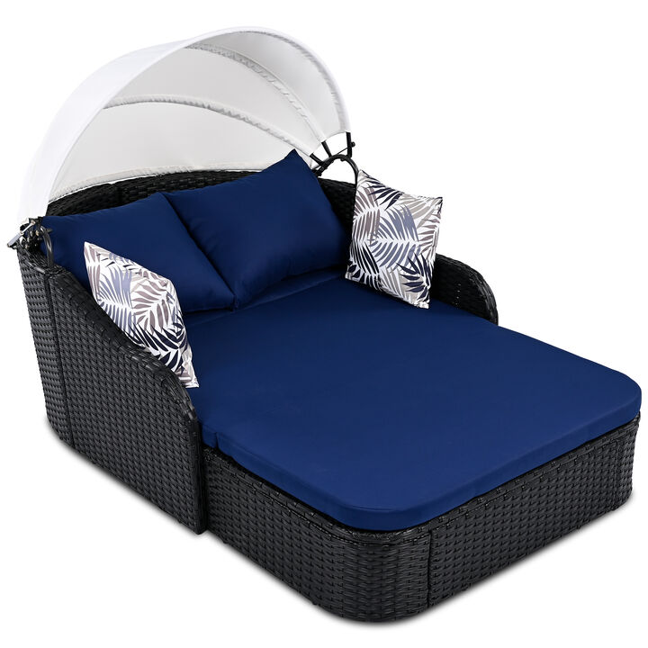Whisen Outdoor Sunbed with Adjustable Canopy, Double lounge, PE Rattan Daybed