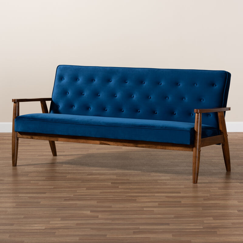 Baxton Studio Sorrento Navy Velvet Fabric Upholstered Walnut Finished Wooden 3 seater Sofa
