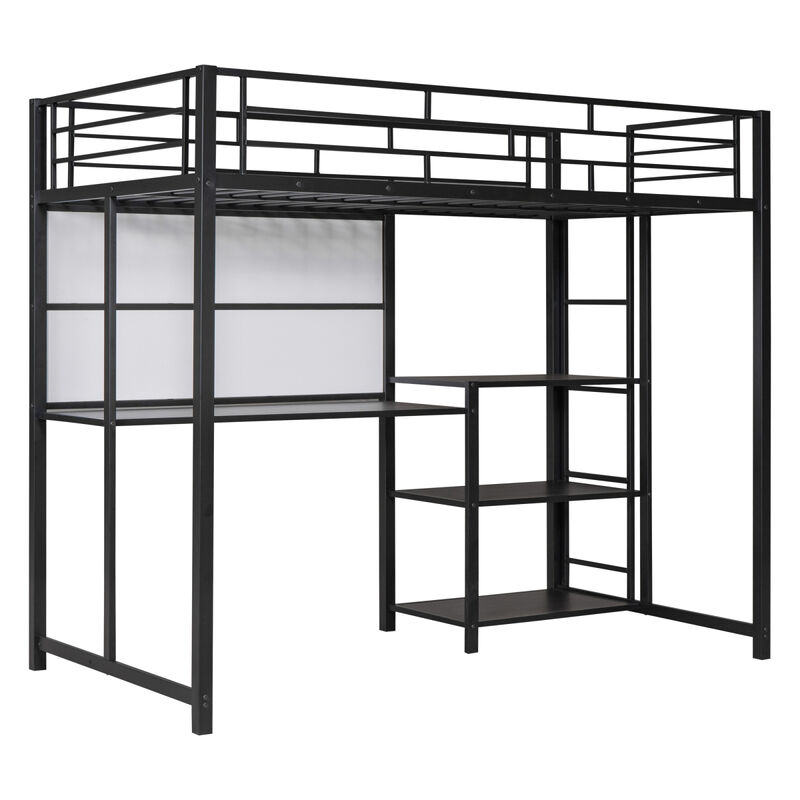 Twin Size Loft Bed With Desk And Board, Metal Loft Bed With 3 Shelves And Ladder