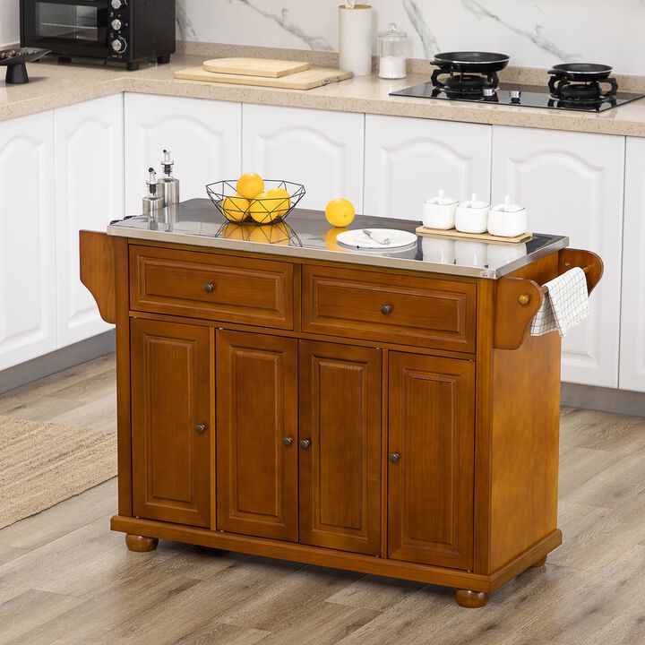 Red Brown Kitchen Island: Stainless Steel Top Cart with Spice & Towel Rack