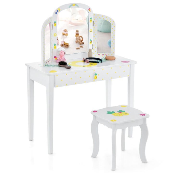 Hivvago Kids Vanity Table Set with Tri-Folding Mirror and Large Drawer-White