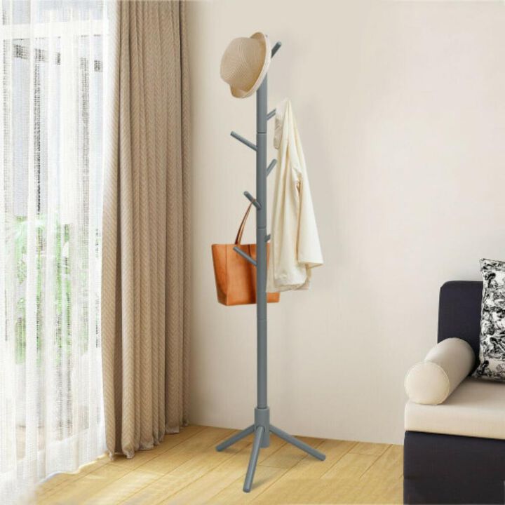 2 Heights Wooden Coat Rack with 8 Hooks-Grey