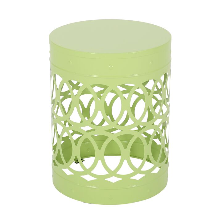 Kemo Outdoor End Table, Round 14 Inch, Cutout Design, Green Iron Frame - Benzara