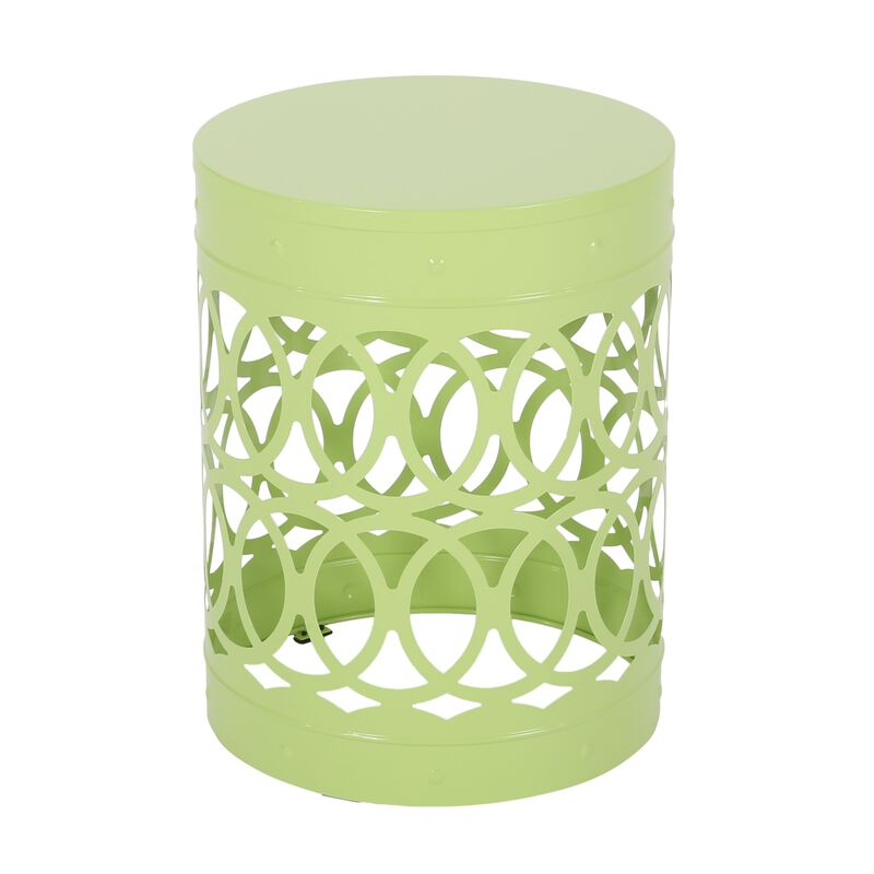 Kemo Outdoor End Table, Round 14 Inch, Cutout Design, Green Iron Frame - Benzara