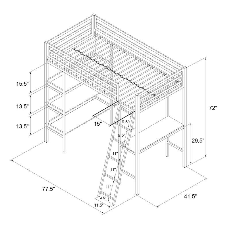 Nova Metal Loft Bed with Desk and Storage Shelves, Graphite Gray