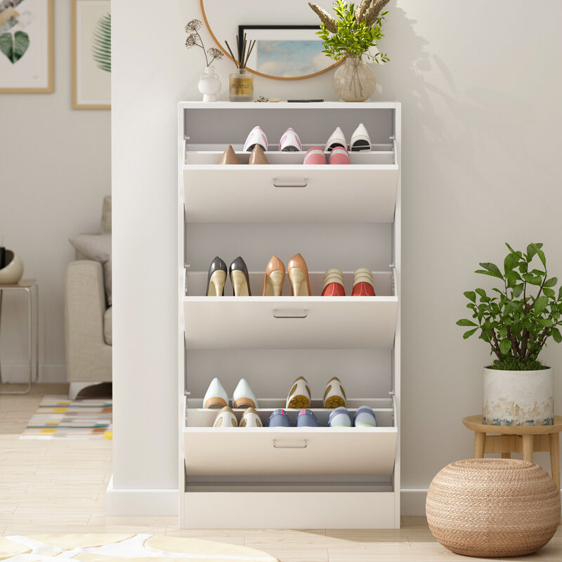 23.6 in. W x 45.5 in. H White Wood 18-Pair Wood Shoe Storage Cabinet with 6-Foldable Compartments
