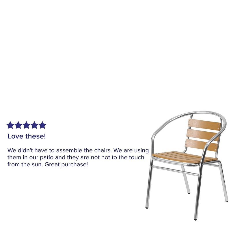 Flash Furniture Lila 4 Pack Commercial Aluminum Indoor-Outdoor Restaurant Stack Chair with Triple Slat Faux Teak Back