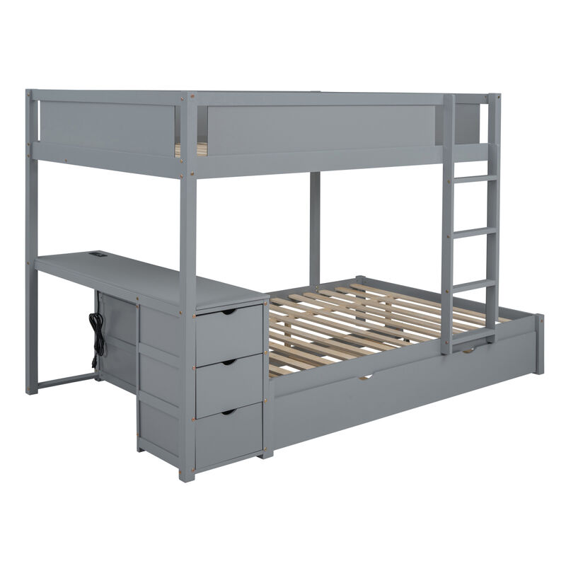 Full Over Full Bunk Bed With Twin Size Trundle, Storage And Desk, Gray